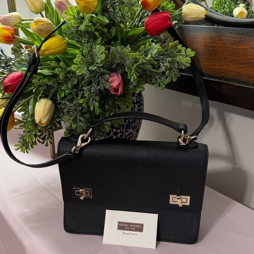 Henri Bendel Black Leather Shoulder Bag with Gold Accents School Bag
